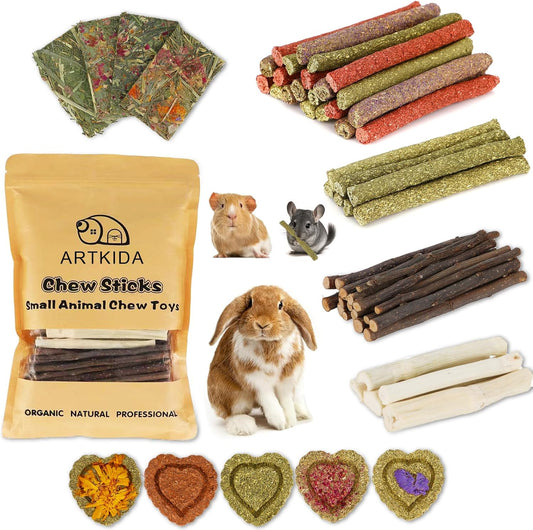 65PCS Rabbit Bunny Guinea Pig Chew Toys Treats, Chinchilla Hamster Chews Toys for Teeth, Timothy