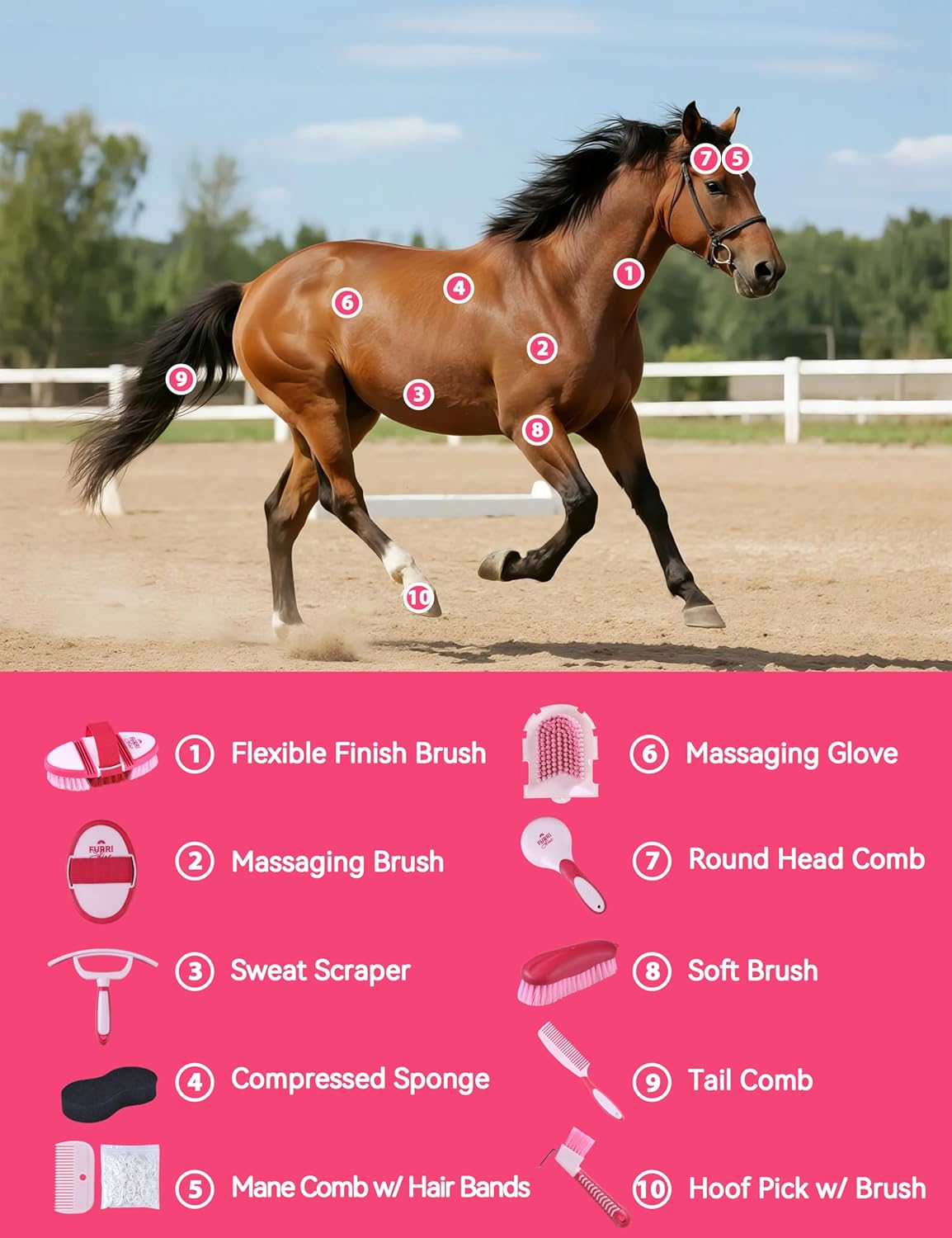 11PCS Horse Grooming Kit Curry Comb Sweat Scraper Horse Bathing Supplies Grooming Tools with