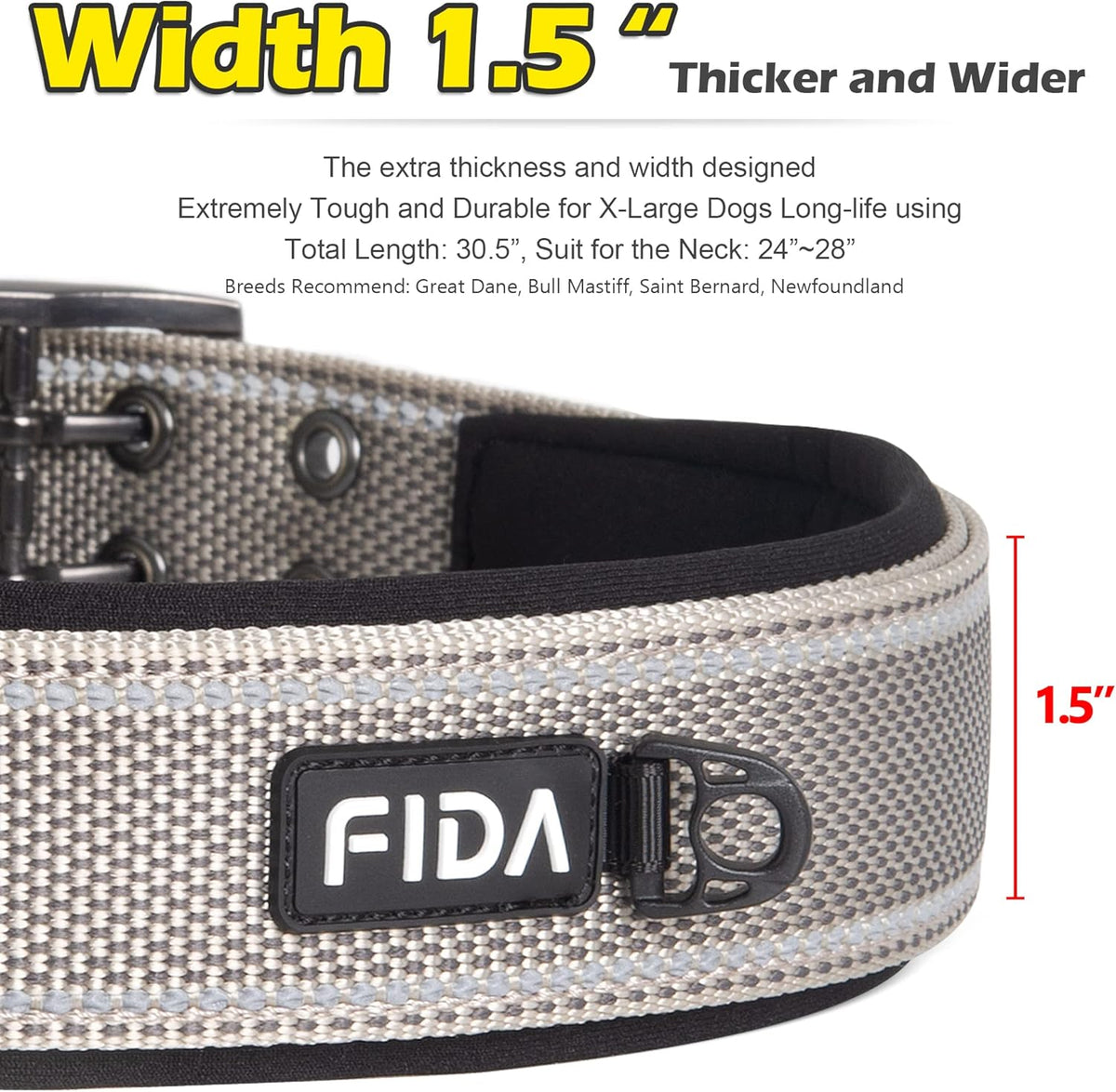 Fida Heavy Duty Dog Collar 1.5” Width, Ultra Soft Neoprene Padded, Adjustable Reflective Nylon Pet
