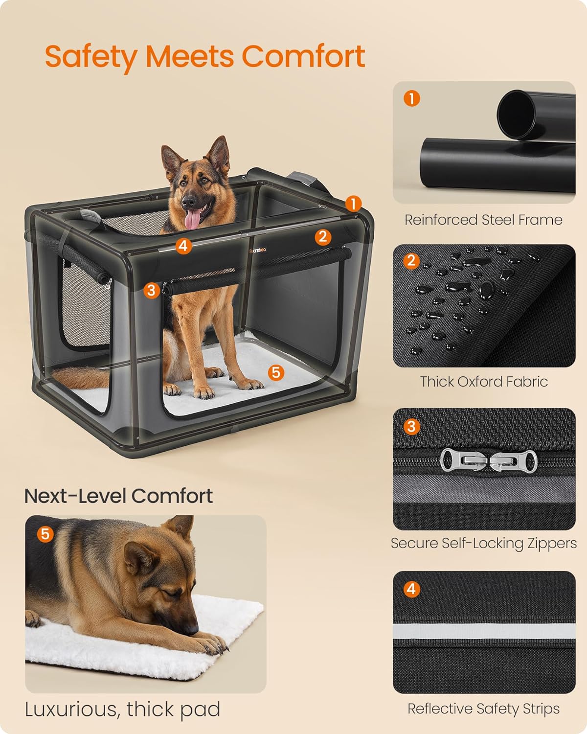 Feandrea Collapsible Dog Crate, 42-Inch Portable Dog Travel Crate for Large Dogs, Oxford Fabric Pet