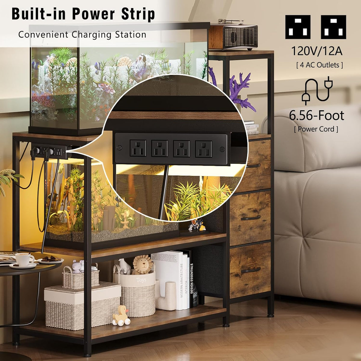 20 Gallon Aquarium Stand with Power Outlets Fish Tank Stand with 3 Drawers Metal Frame Heavy Duty