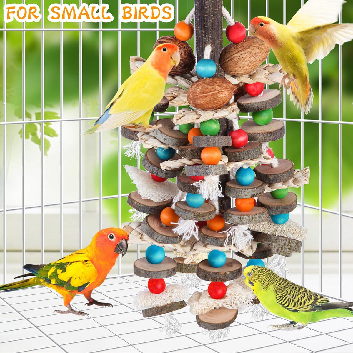 BBjinronjy Large Parrot Toys Bird Chewing Toys-Natural Nuts Corn Loofah Wooden Bird Cage Toy for