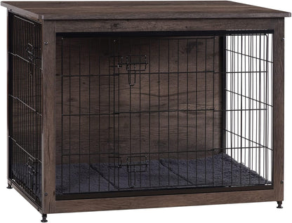 DWANTON Dog Crate Furniture with Cushion, Wooden Kennel Table with Double Doors, Indoor Dog House