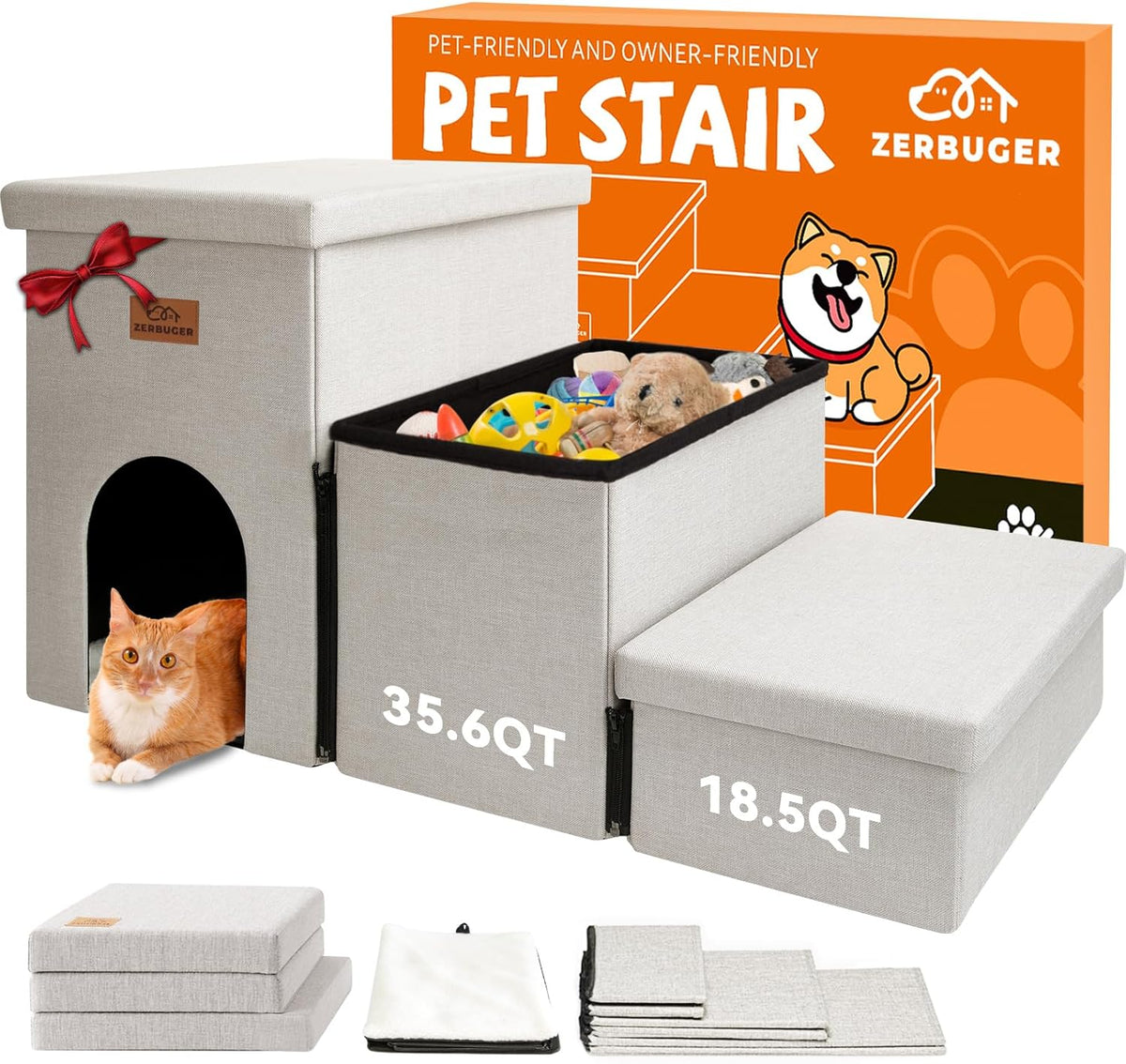 Dog Stairs with Condo 18" H, 3-Step Wider Dog Steps for High Beds Couch, Folding Storage Pet Stairs