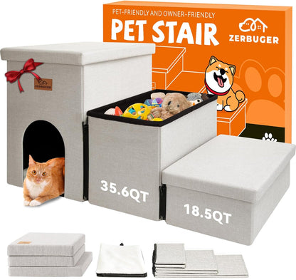 Dog Stairs with Condo 18" H, 3-Step Wider Dog Steps for High Beds Couch, Folding Storage Pet Stairs