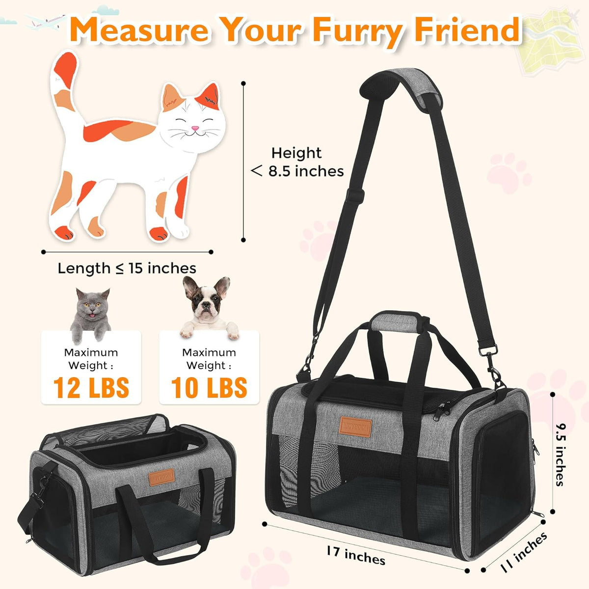 PETUX TSA Approved Pet Carrier in Cabin, 17"x11"x9.5" Soft Cat Carriers for Small Cat up to 12 lb