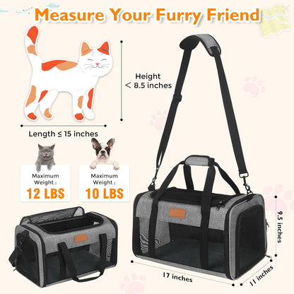 PETUX TSA Approved Pet Carrier in Cabin, 17"x11"x9.5" Soft Cat Carriers for Small Cat up to 12 lb