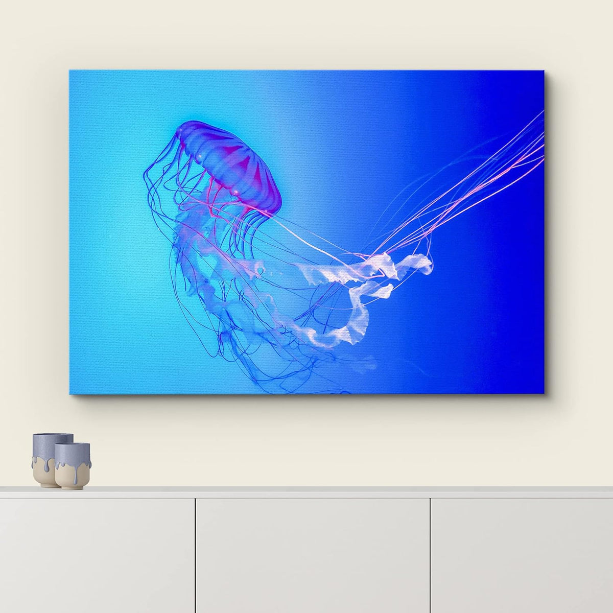 wall26 Canvas Print Wall Art Vibrant Neon Blue Pink Jellyfish Deep Sea Nature Animals Photography