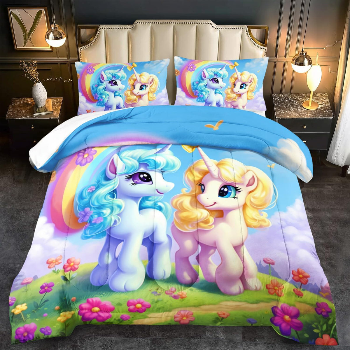Unicorn Comforter Set Queen,Kawaii Unicorn Bedding Set Queen Kids,Rainbow Comforter Blue Bedroom