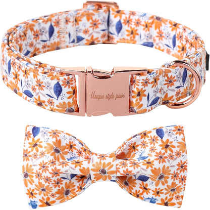 Unique Style Paws Autumn Leaf Collar with Bow Blue Leaf Flower Cotton Dog Collars for Small Medium