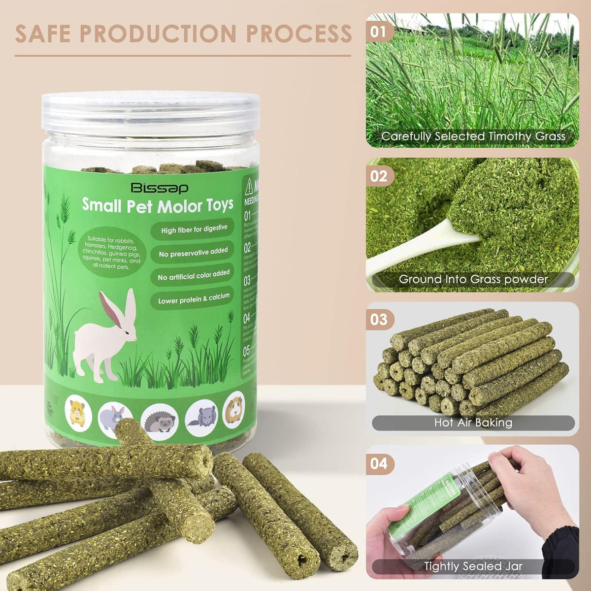 Bissap Timothy Hay Sticks for Rabbits 38PCS, Natural Timothy Grass Molar Teeth Stick Chew Toys for