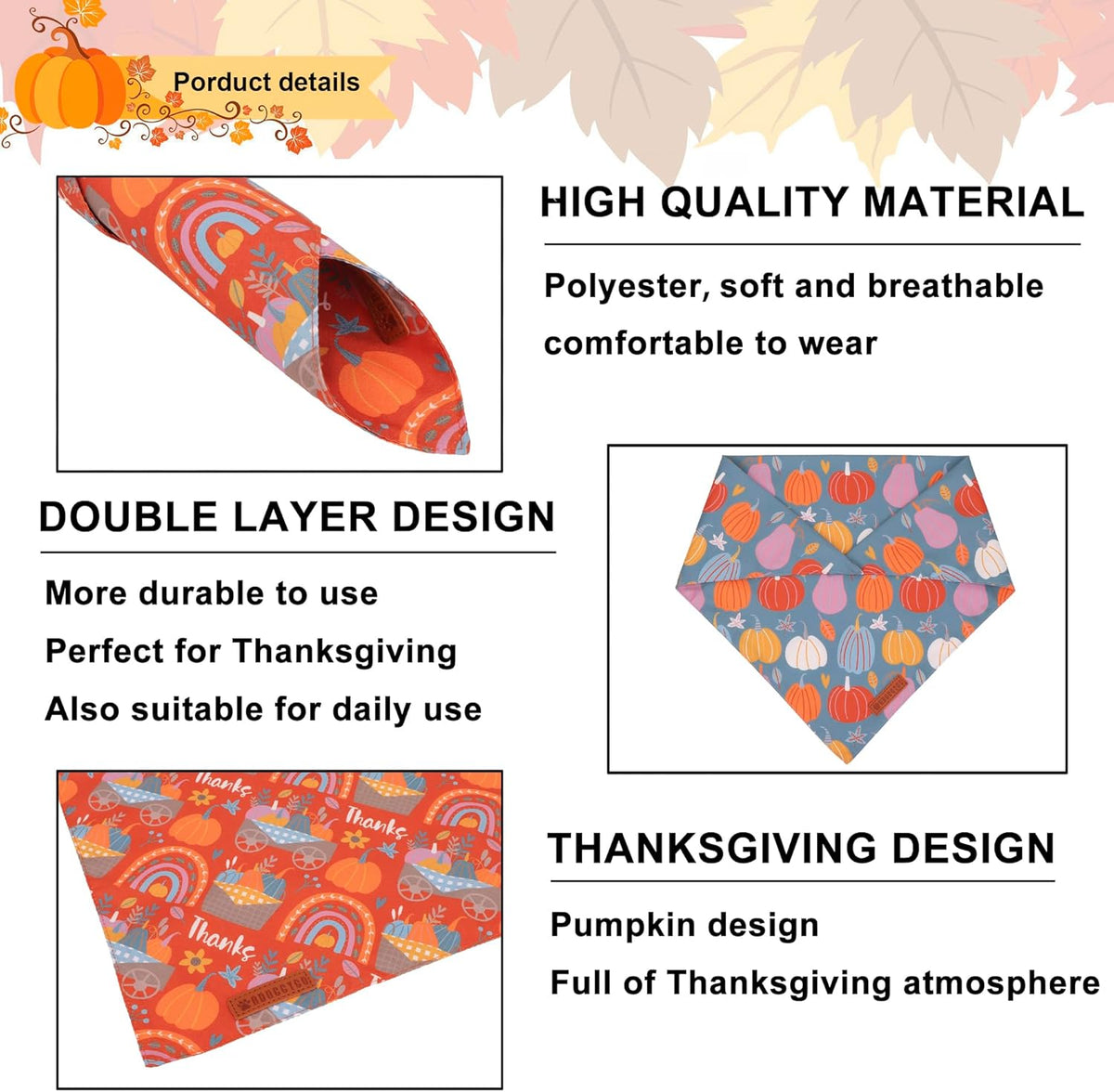 ADOGGYGO Thanksgiving Dog Bandana, Blue Orange Pumpkin Scarf, Adjustable Fit Fall Thanksgiving