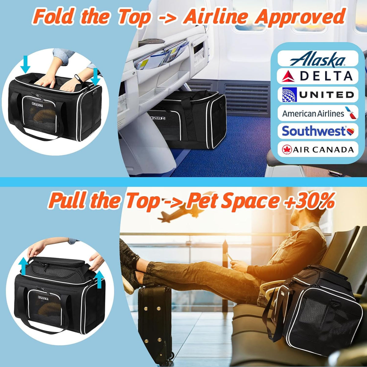 Petskd Top-Expandable Pet Carrier 17x11x9.5 Inches Alaska Airline Approved, Soft-Sided Carrier for