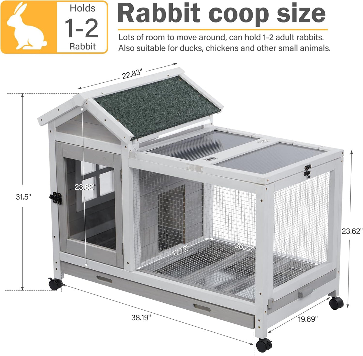 Wooden Rabbit Hutch with Waterproof Roof,Outdoor/Indoor Bunny Cage with Removable Slide-Out Bottom
