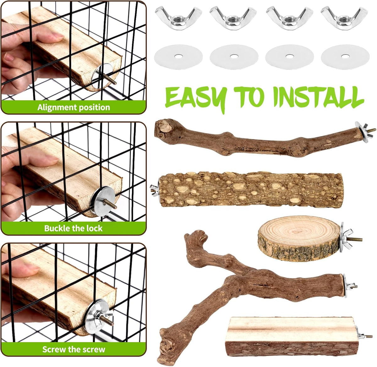 8PCS Natural Grape Wood Bird Perch Set - Parrot Cage Stand with Paw Grinding Forks, Chewing Sticks