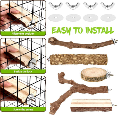 8PCS Natural Grape Wood Bird Perch Set - Parrot Cage Stand with Paw Grinding Forks, Chewing Sticks