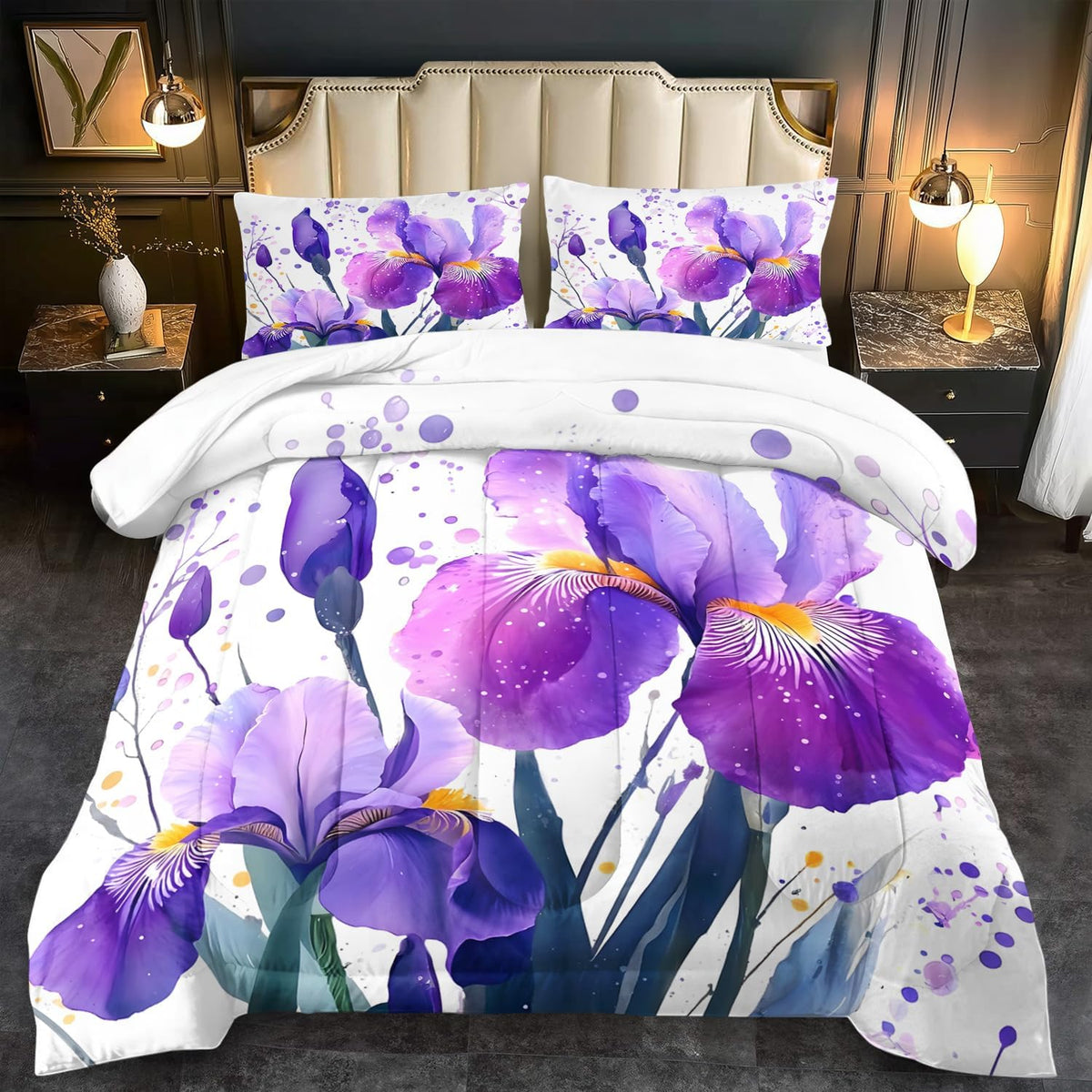 Purple Floral Comforter Set Full Size Woman,Purple Iris Comforter for Girls,Pink Flower Bedding Set