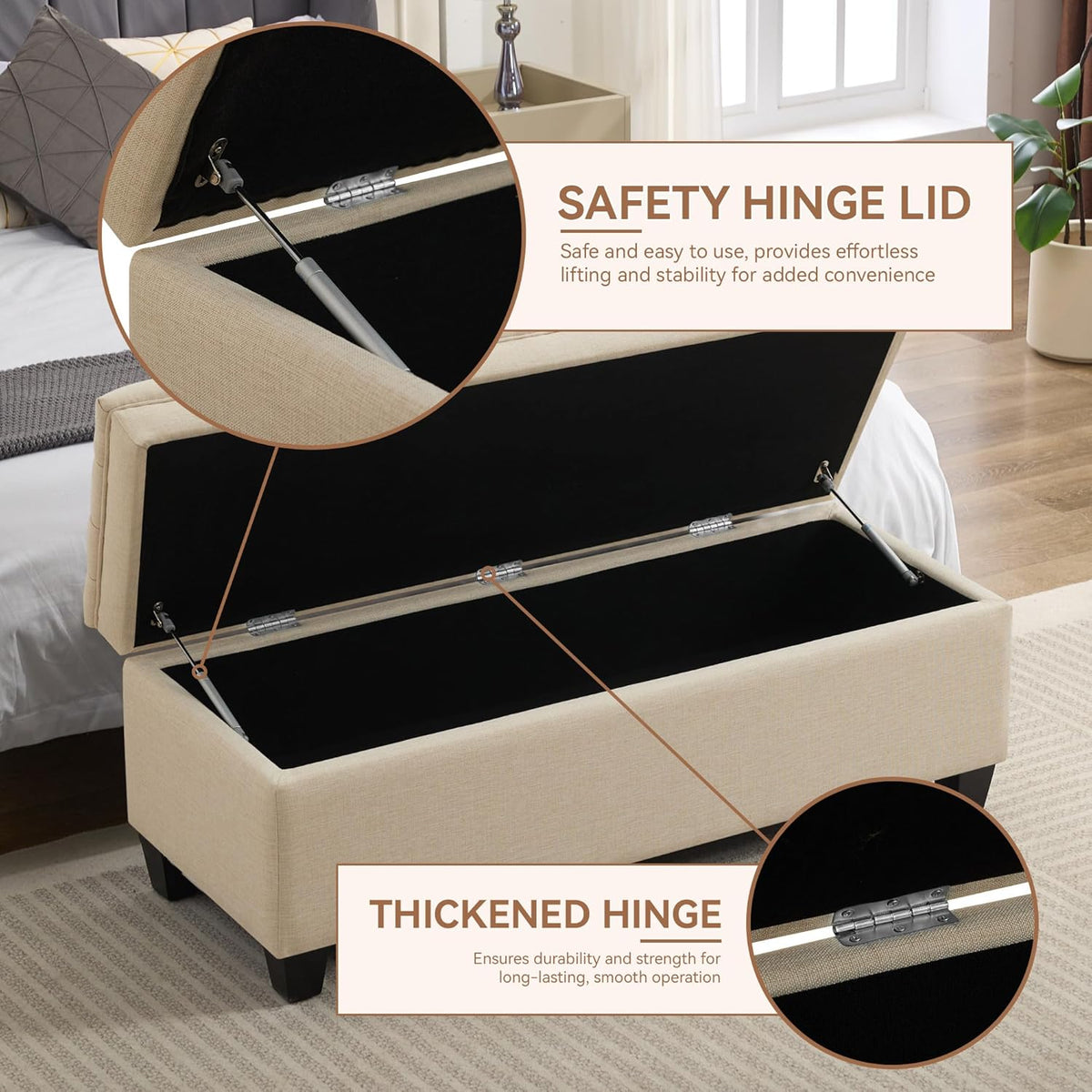 51" Fabric Storage Ottoman Bench, Upholstered Rectangle End of Bed Storage Ottoman Tufted Living