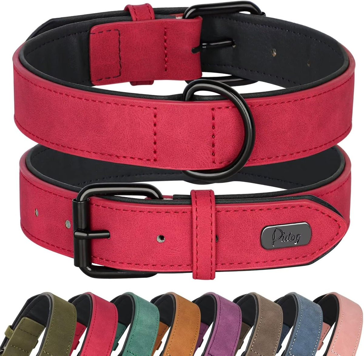 Didog Soft Padded PU Leather Dog Collar, Breathable and Adjustable Red Dog Collar for Large Dogs