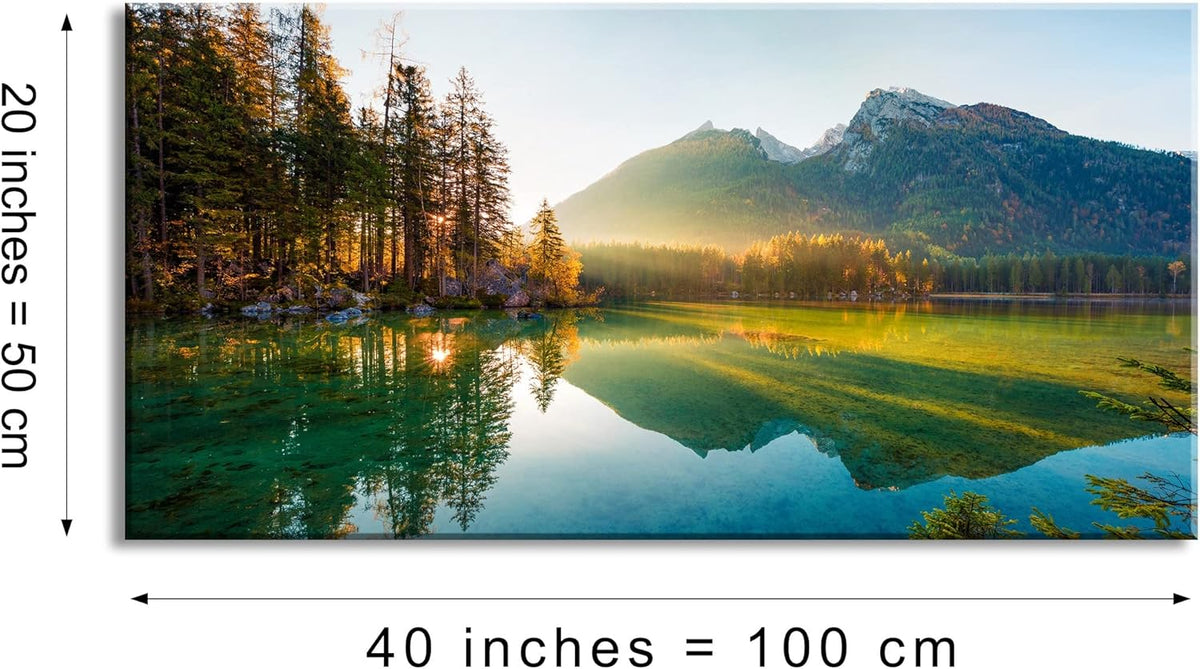 Beautiful Lake Mountain Range Sunrise Sunset Landscape Canvas Wall Art for Living Room, Autumn