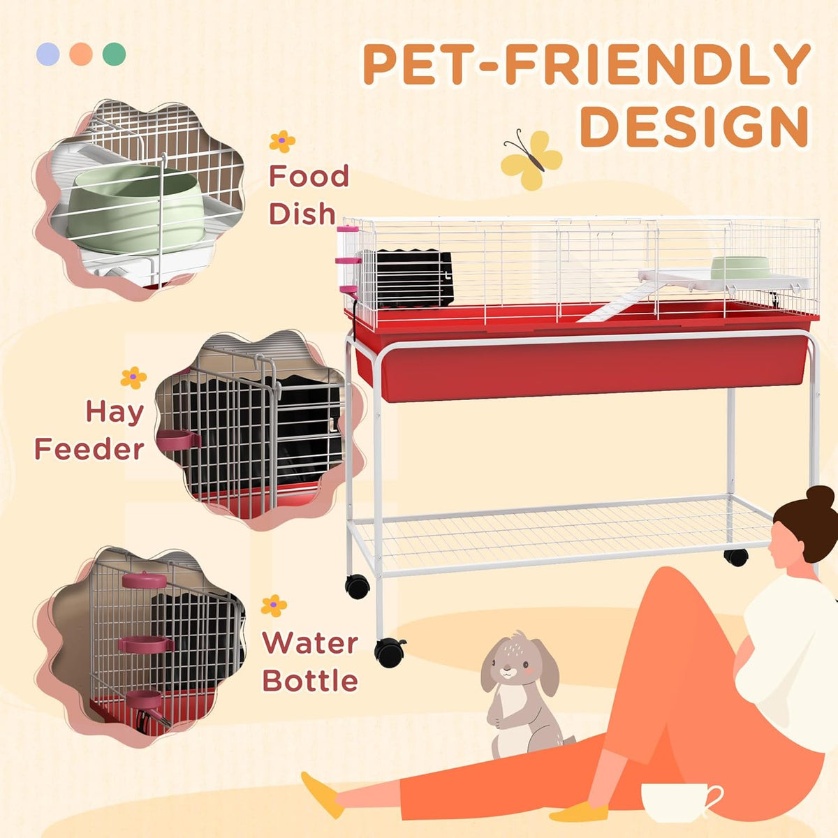 PawHut Two-Story Small Animal Cage Removable from Stand, Guinea Pig Cage with Shelf & Wheels, Pet