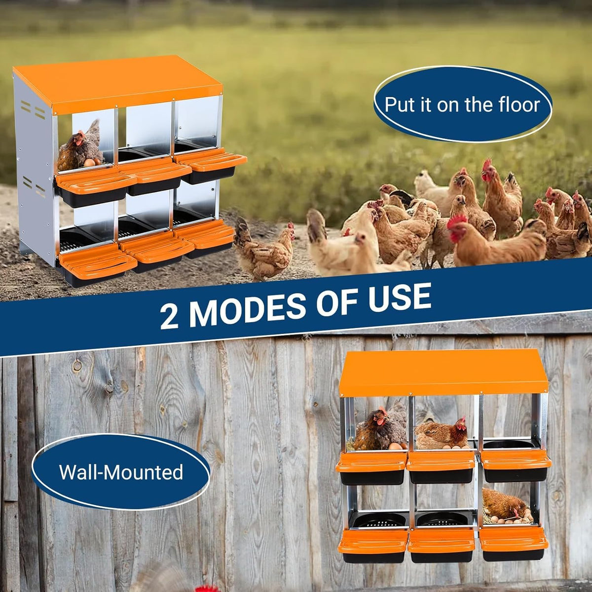 Chicken Nesting Boxes, 6 Hole Metal Chicken Laying Box with with Removable Trays and Roll Out Egg