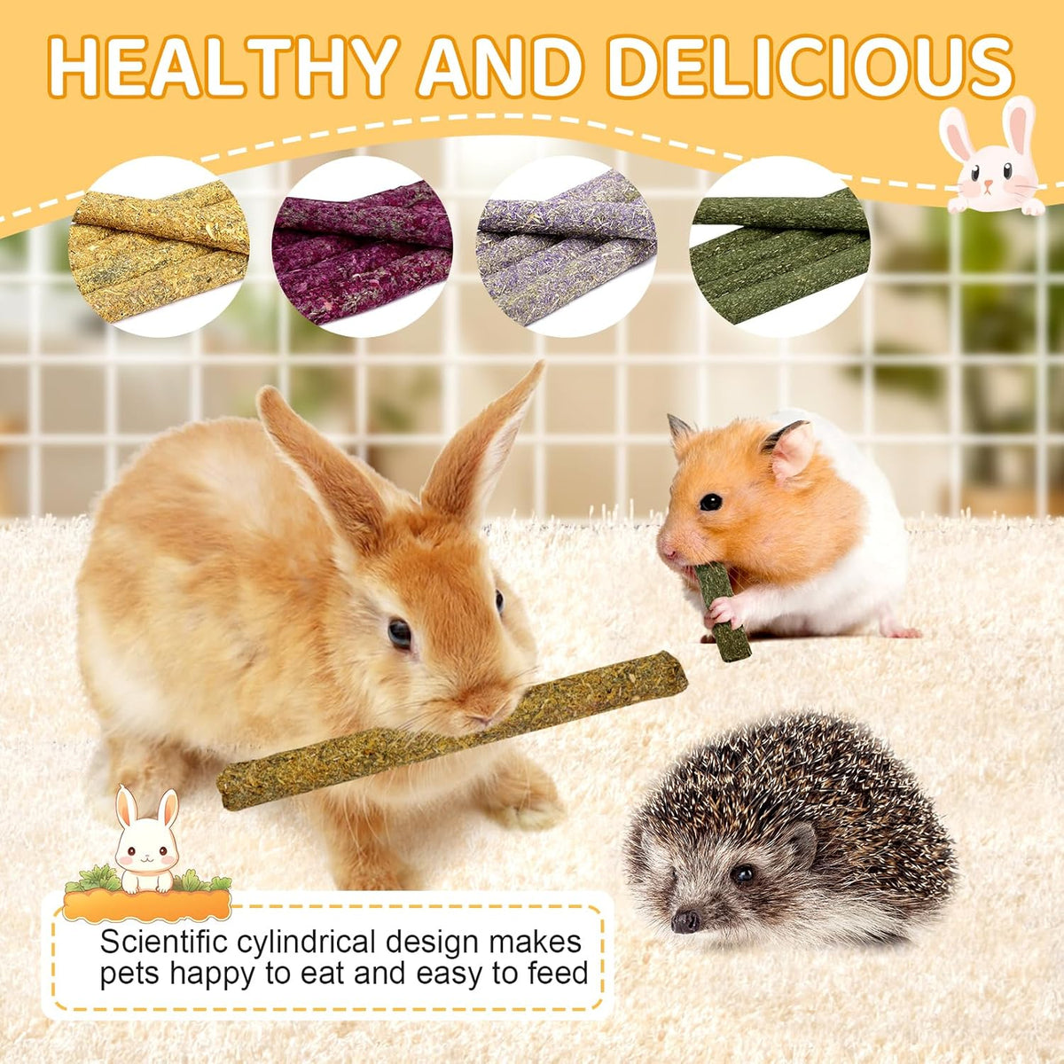 52Pcs Rabbit Chew Sticks, Guinea Pig Toys, Natural Timothy Grass Molar Teeth Stick, Mixing Flowers