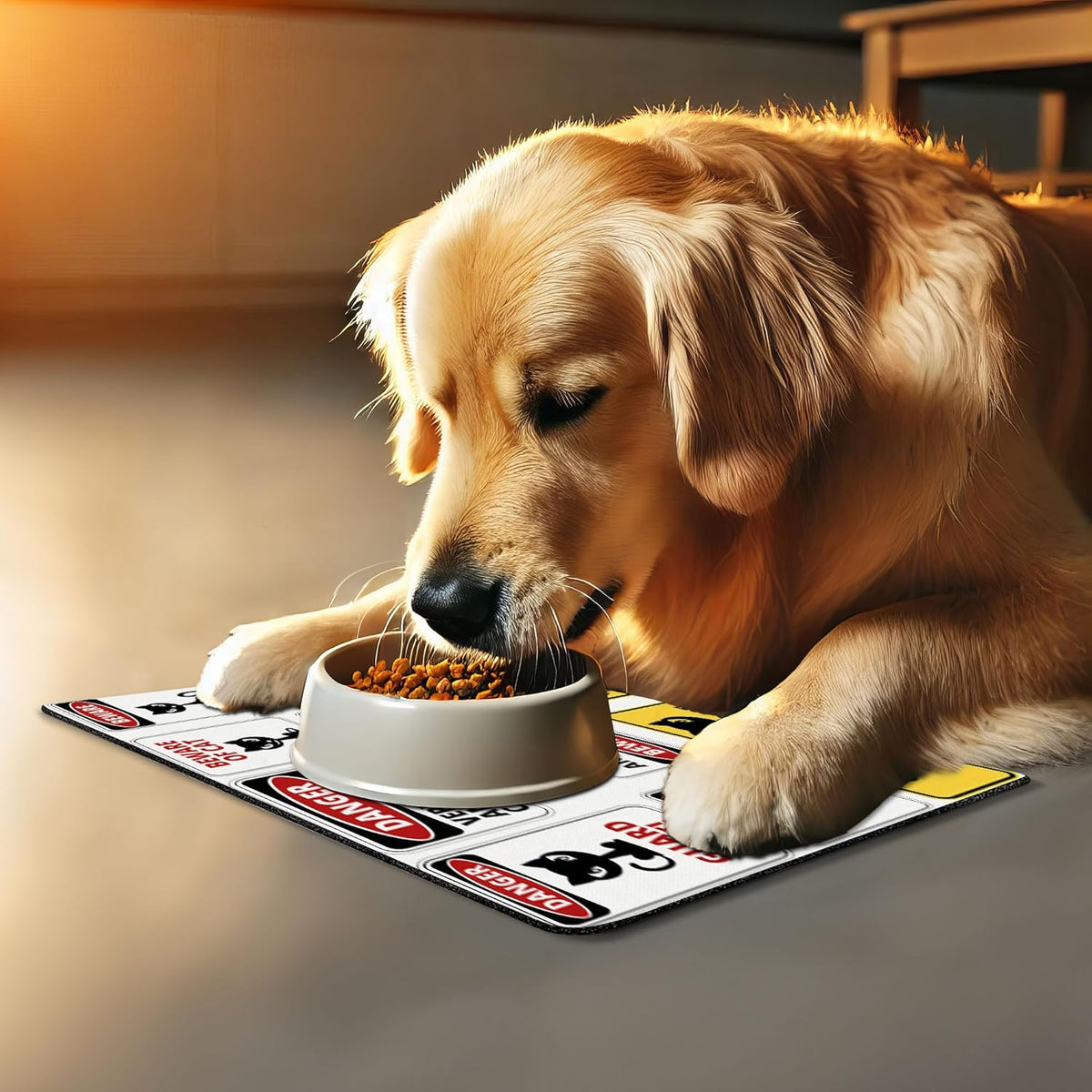 Lunarable Funny Pet Mat for Food and Water, Beware Guard Cat Signs Humorous Comic and Plates