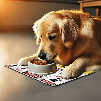 Lunarable Funny Pet Mat for Food and Water, Beware Guard Cat Signs Humorous Comic and Plates