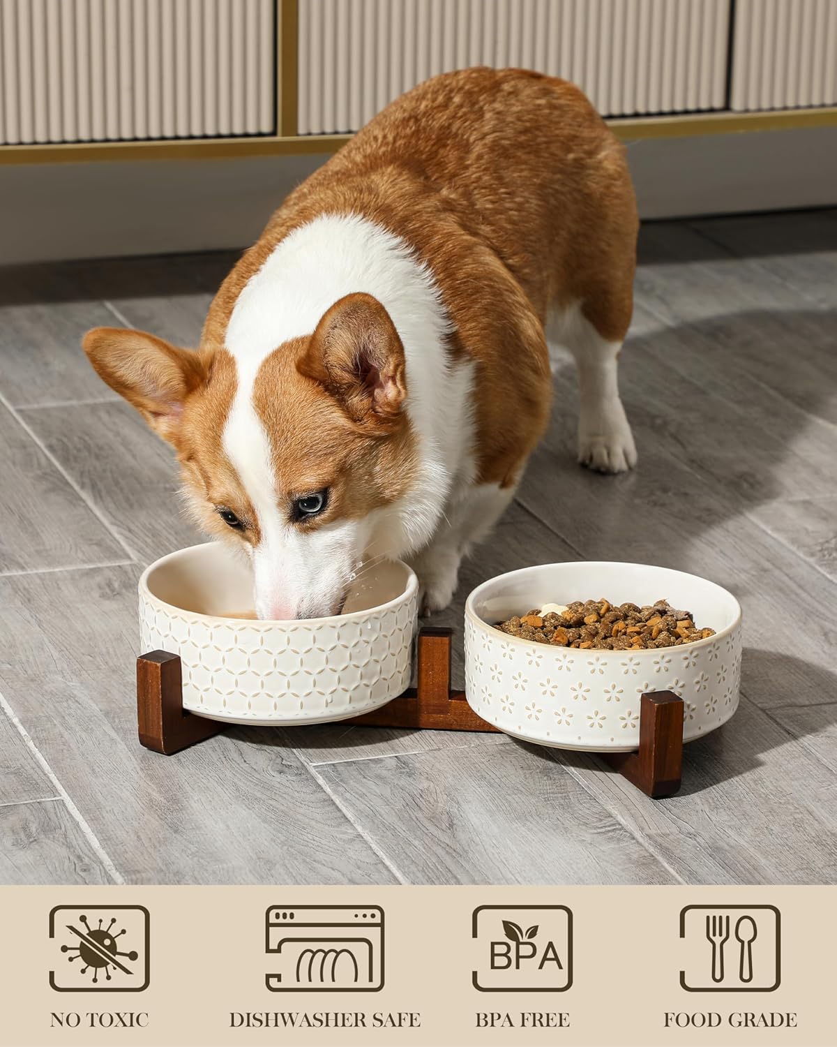 MALACASA Dog Bowl Set with Walnut Wood Stand, 3.5 Cups Ceramic Pet Bowls for Puppy Dogs, Dual Food
