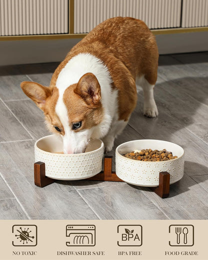 MALACASA Dog Bowl Set with Walnut Wood Stand, 3.5 Cups Ceramic Pet Bowls for Puppy Dogs, Dual Food