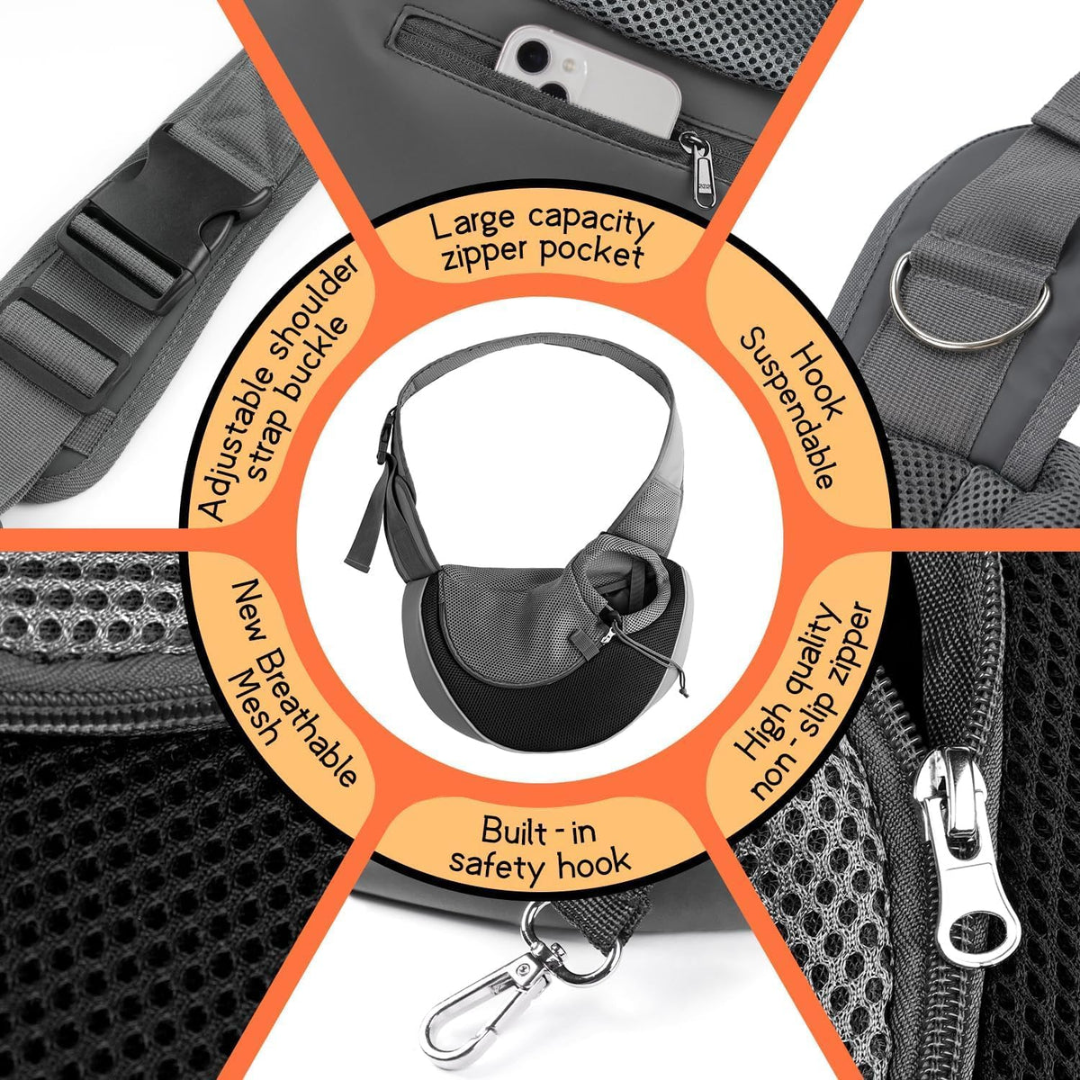 YUDODO Pet Sling Carrier for Small Dogs & Cats – Hands-Free Puppy Carrier with Safety Hook, Large
