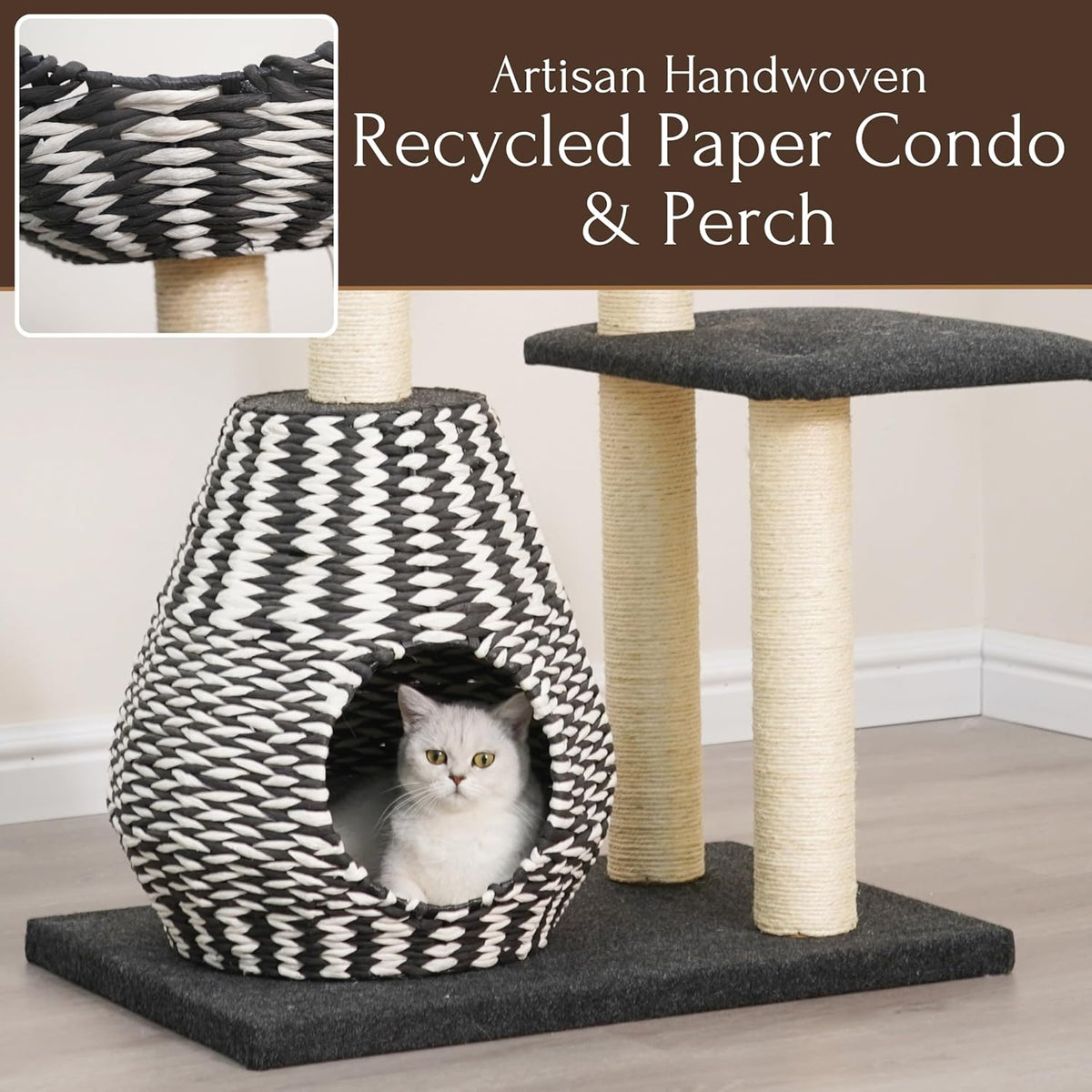 PetPals Ace 4-Level Multi-Activity Cat Tree with Handwoven Recycled Paper Rope Condo and Top Nest