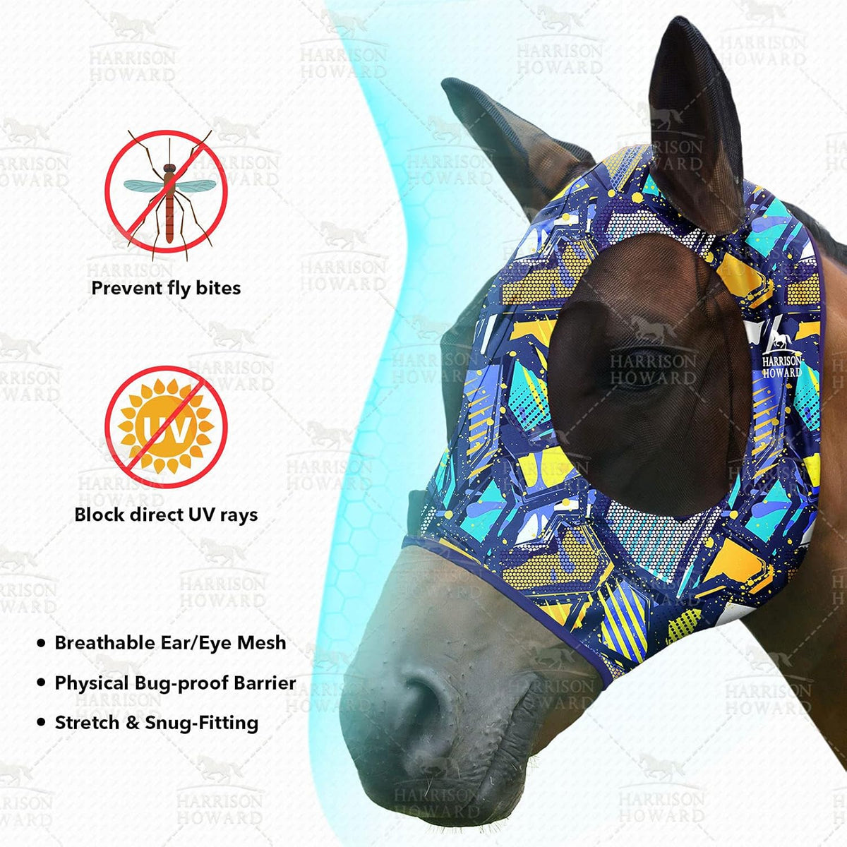 Harrison Howard Super Comfort Stretchy Fly Mask Large Eye Space with UV Protection Soft on Skin