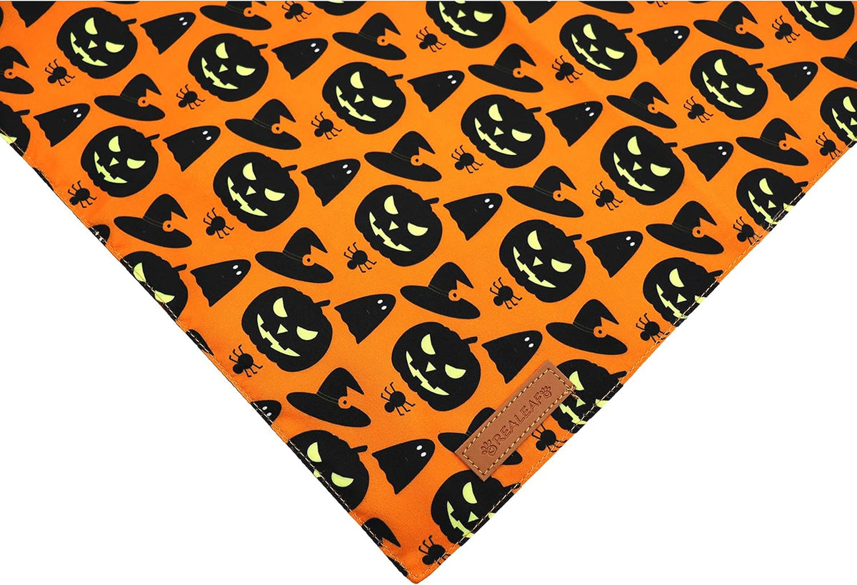 Realeaf Halloween Dog Bandanas 2 Pack, Pumpkin and Spider Web Bibs, Triangle Reversible Fall Pet