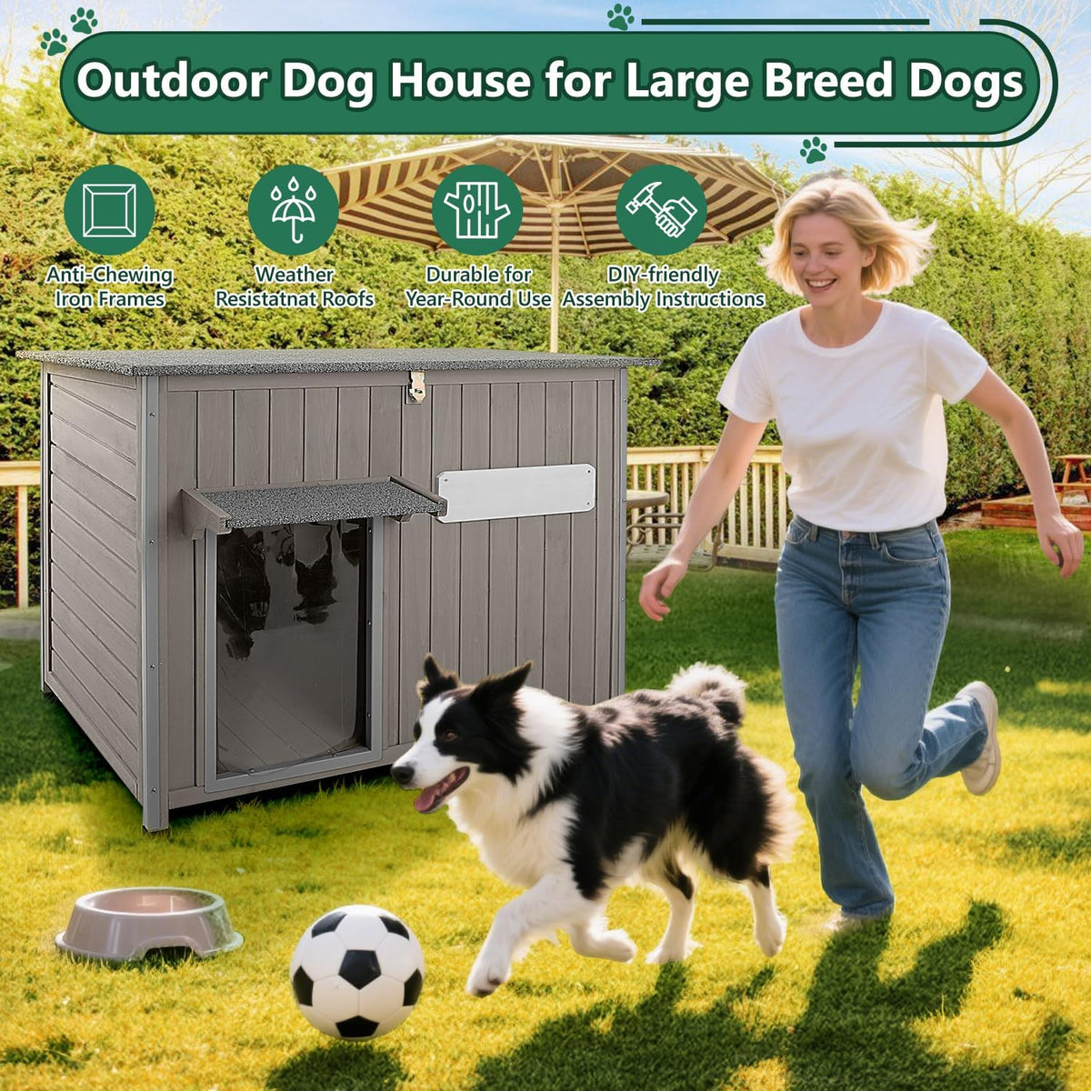 43.3" L Large Outdoor Dog House Weatherproof Doghouse for Medium to Large Dogs with Anti Bite