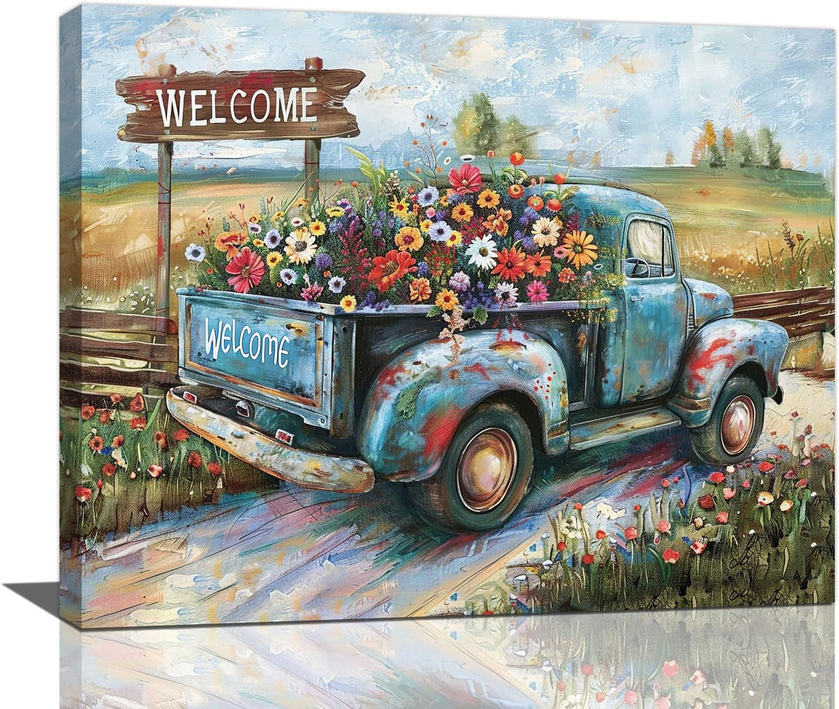 Farmhouse Truck Wall Art Rustic Country Wildflowers Wall Decor Road Flowers Landscape Pictures
