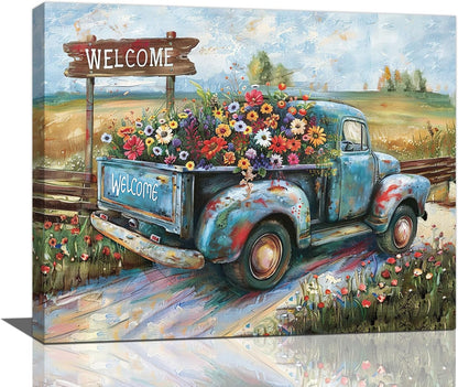 Farmhouse Truck Wall Art Rustic Country Wildflowers Wall Decor Road Flowers Landscape Pictures