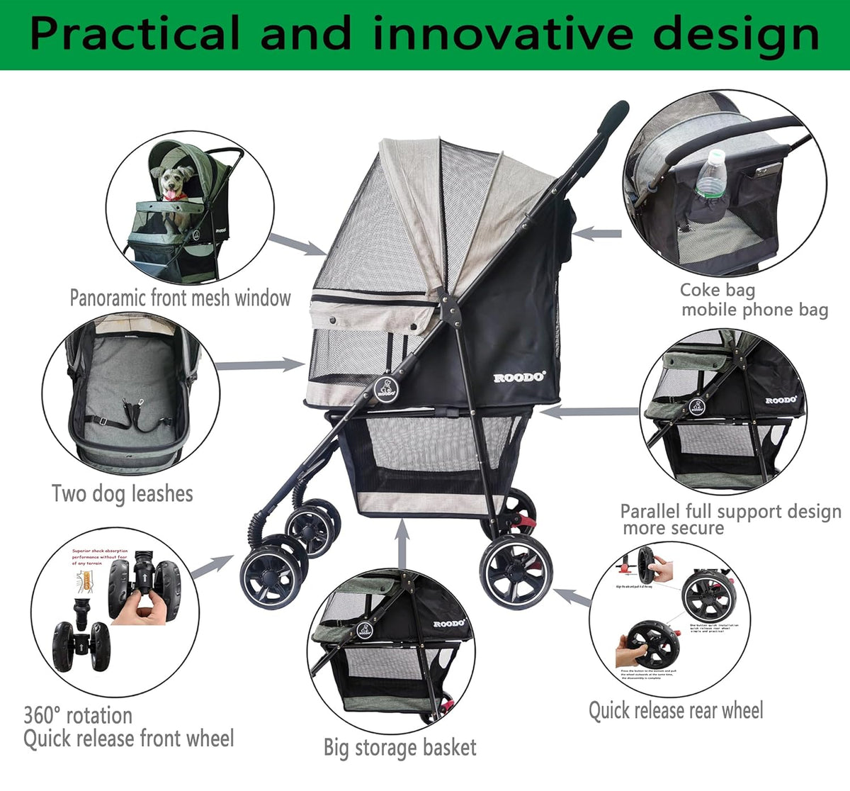 ROODO 4 Wheel Dog Cat Pet Stroller Best Lightweight Foldable Compact Portable Jogger All Terrain