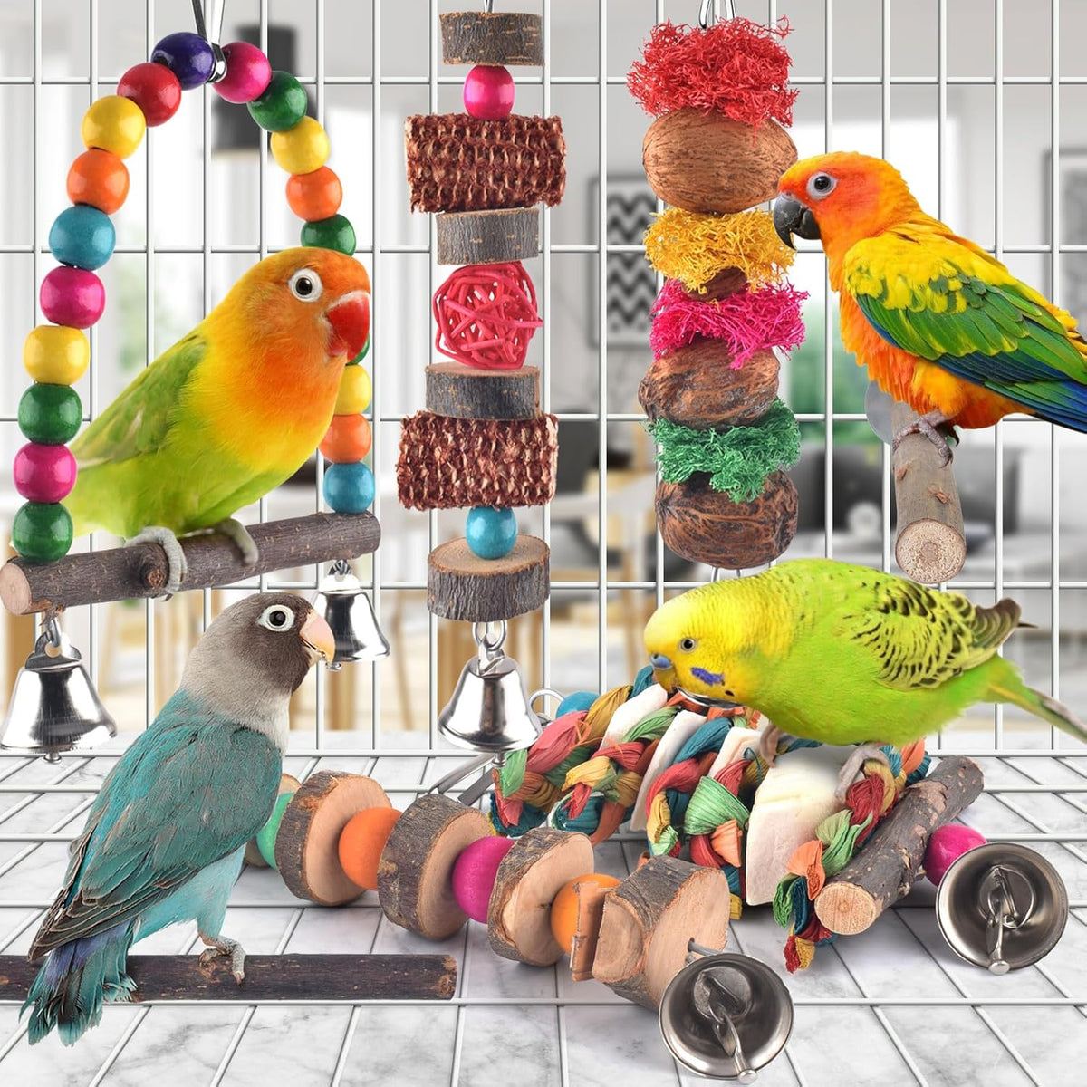 Bissap Bird Chew Toys, 7 Packs Parakeet Natural Wood Toys Parrot Hanging Cage Toy Bird Perch Stand
