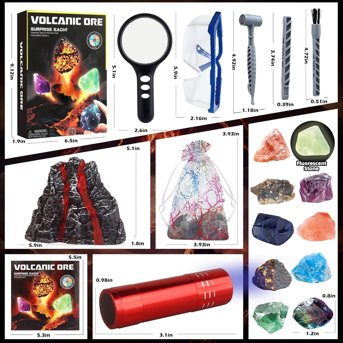 Volcano Dig Kit - 10 Rocks Excavation Kit, Gemstone Rocks for Kids, Fossil Volcano Toys Dig Kits