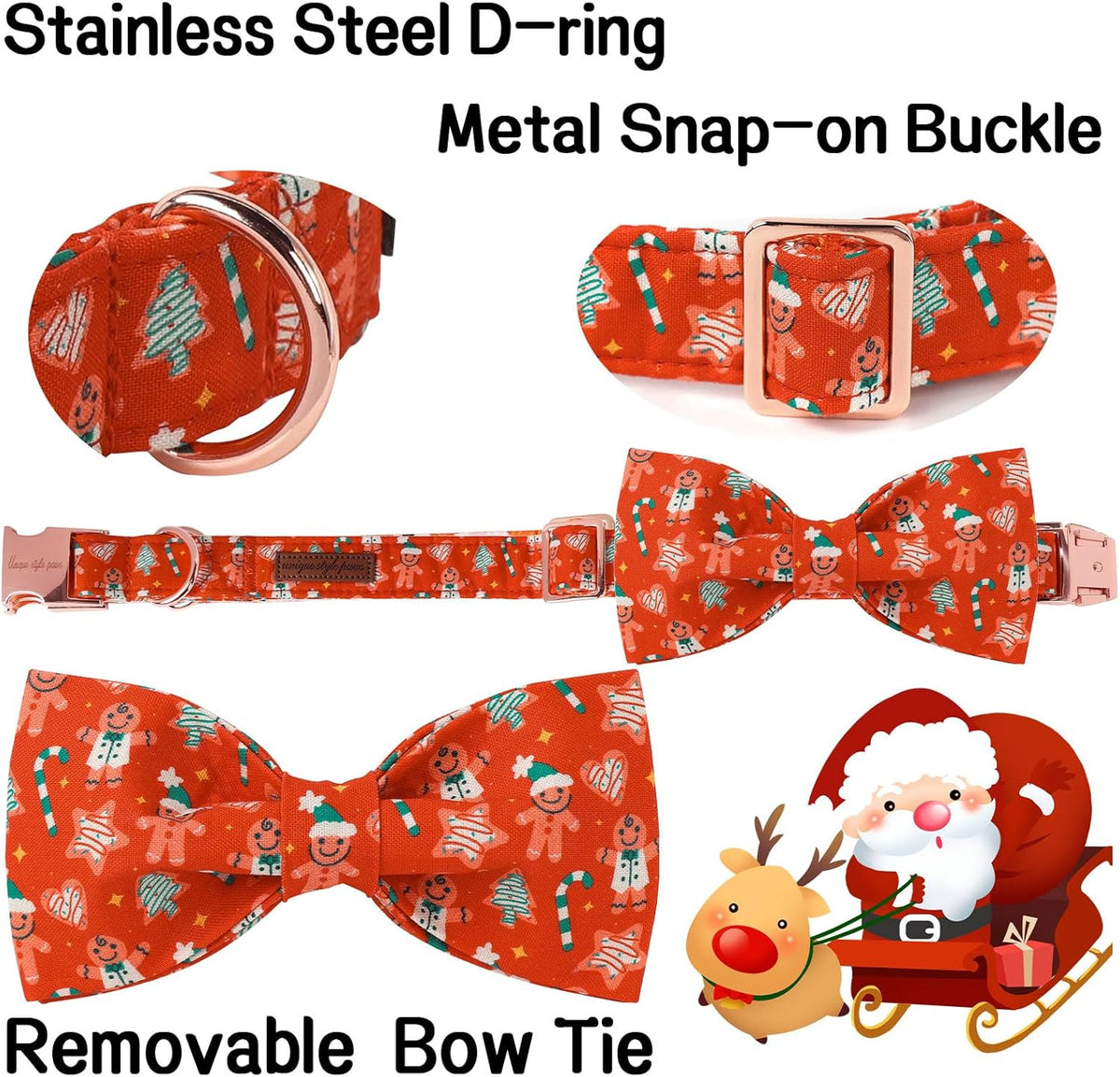 Unique Style Paws Christmas Day Dog Collar with Bow Red Gingerbred Cotton Puppy Collars for Small