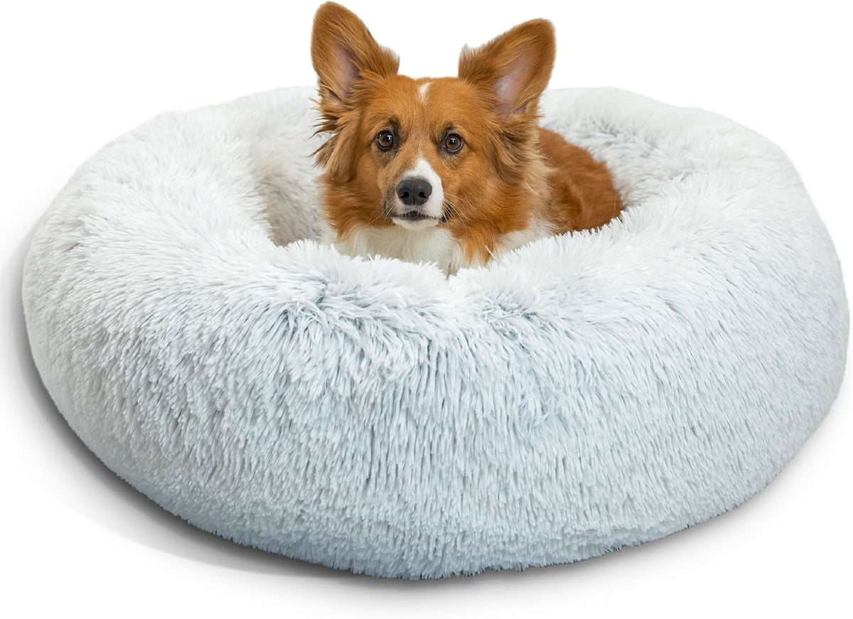 Best Friends by Sheri Original Calming Donut Dog and Cat Bed, Shag Faux Fur, Frost Gray, (30in x