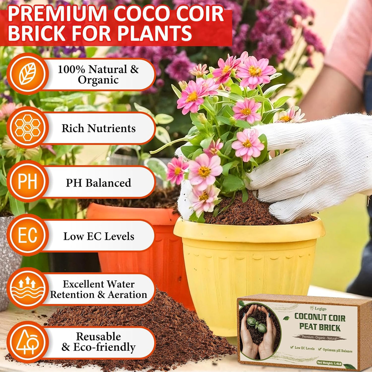Legigo 8 Pack Coco Coir Bricks (11.2lb), 100% Organic Coconut Coir Fiber Potting Soil for Plants