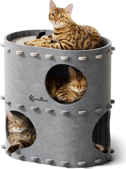 DownyPaws Cat House for Indoor Cats, 2-Storey Foldable Cat Bed Cave, Felt Cats Tunnel Bed Condo