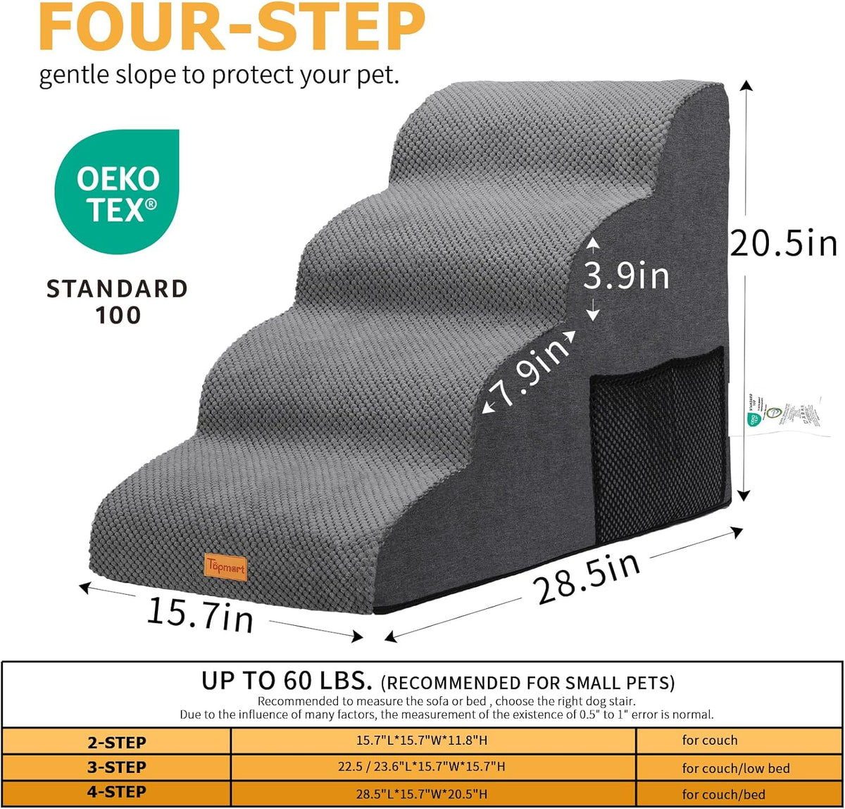 Topmart High Density Foam Dog Steps 4 Tiers,Extra Wide Deep Pet Steps,Non-Slip Dog Stairs Ramp for