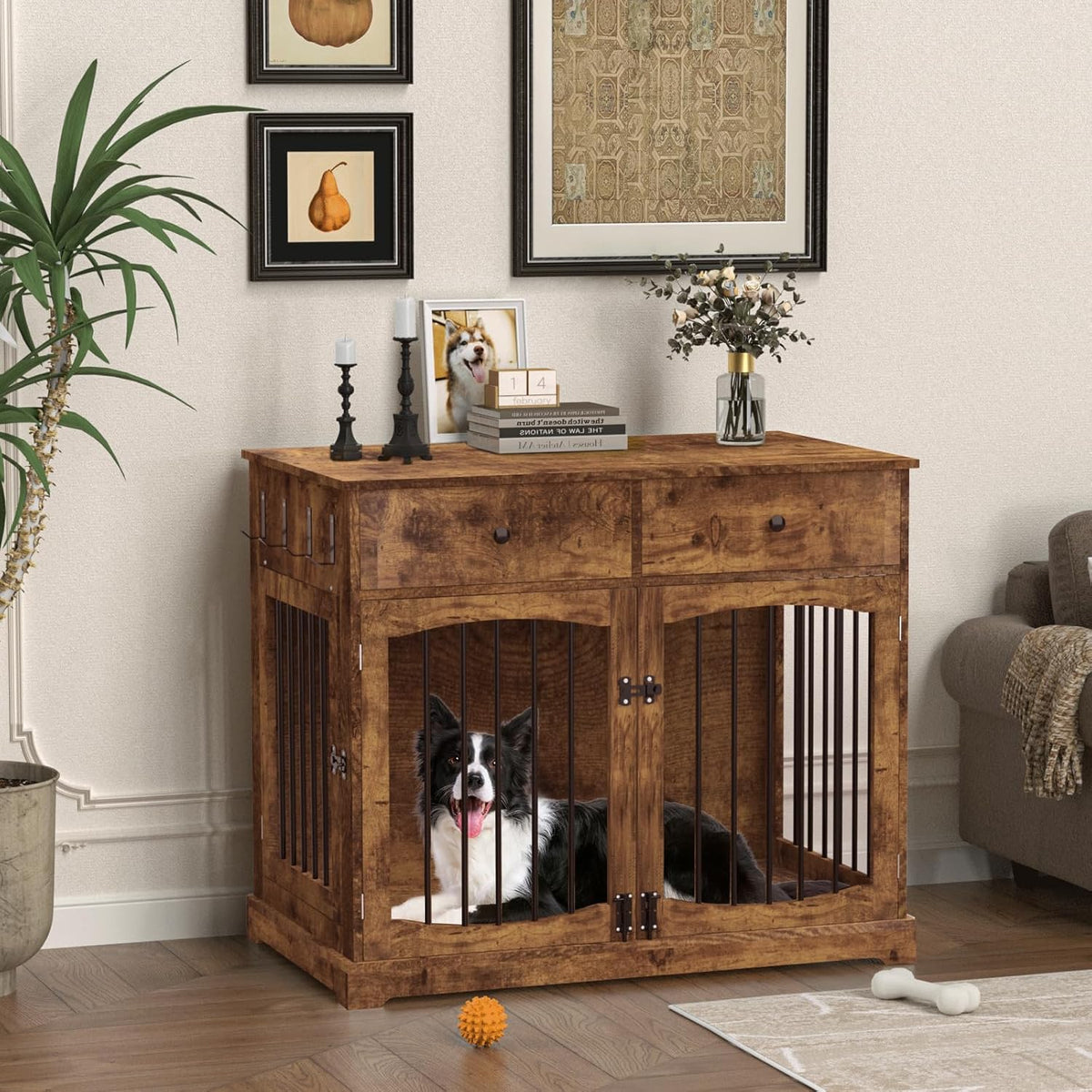 BREEZEHEAT 40 inch Dog Crate Furniture-Farmhouse Dog Kennel with Drawers-End Table Wooden Pet