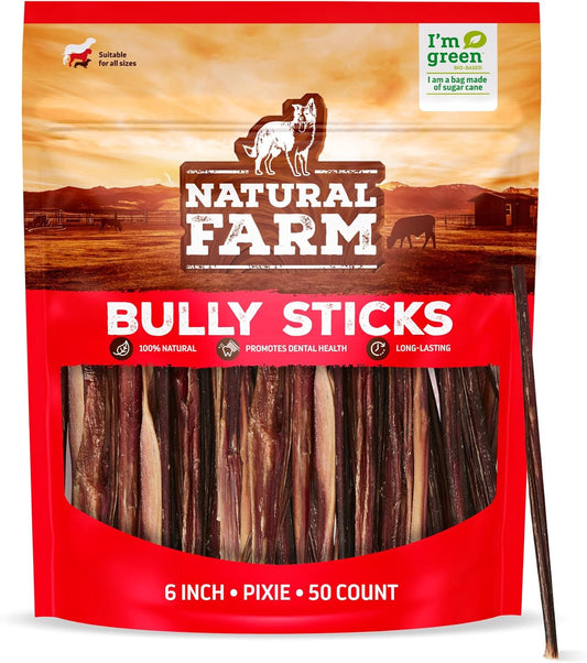 Natural Farm Bully Sticks (6 Inch, 50 Pack), Thin Pixie Pizzle Beef Treats, Grain-Free, High