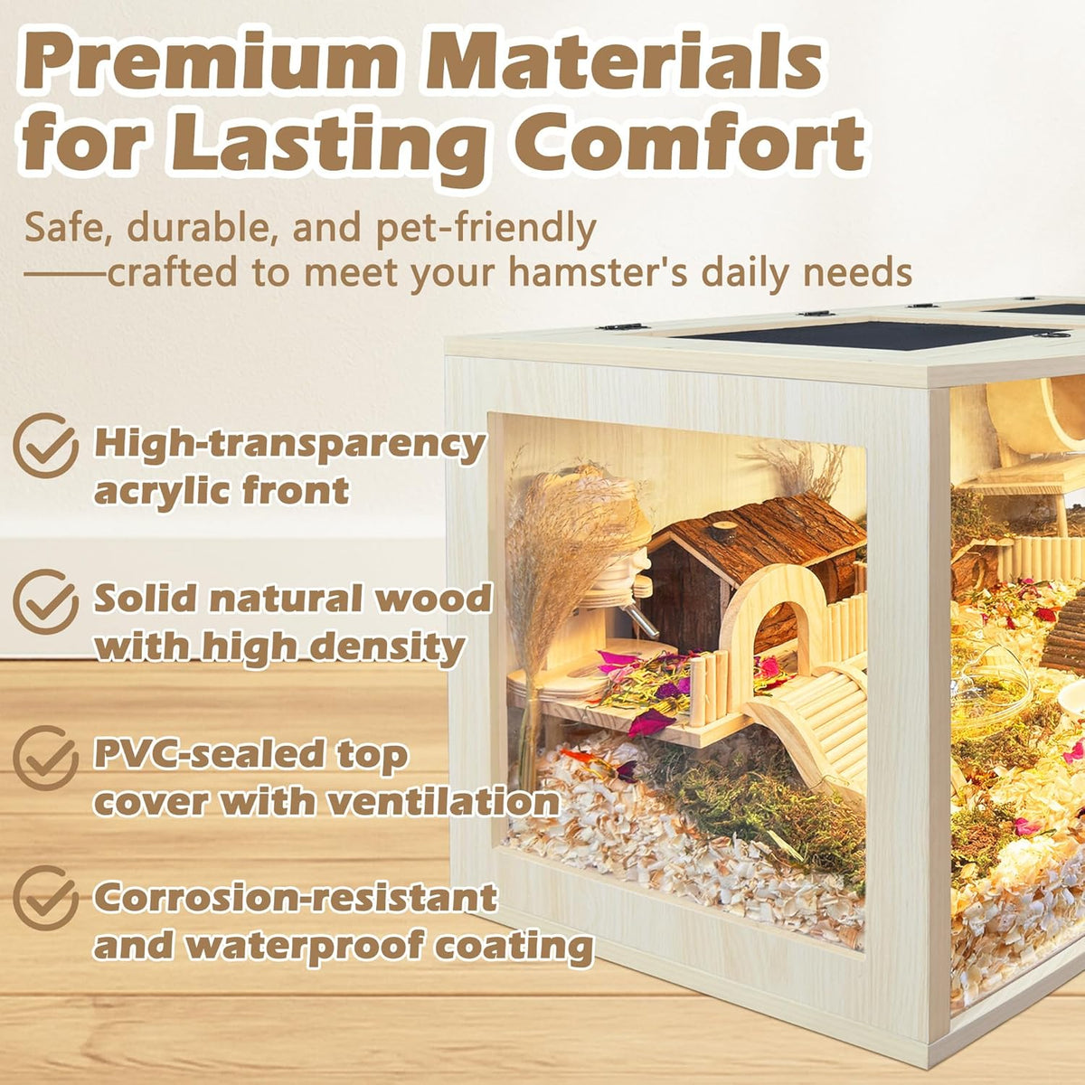 Prolee Hamster Cage Chew Proof Wood, Hamsters Enclosure Openable Top with Curved Design,Waterproof