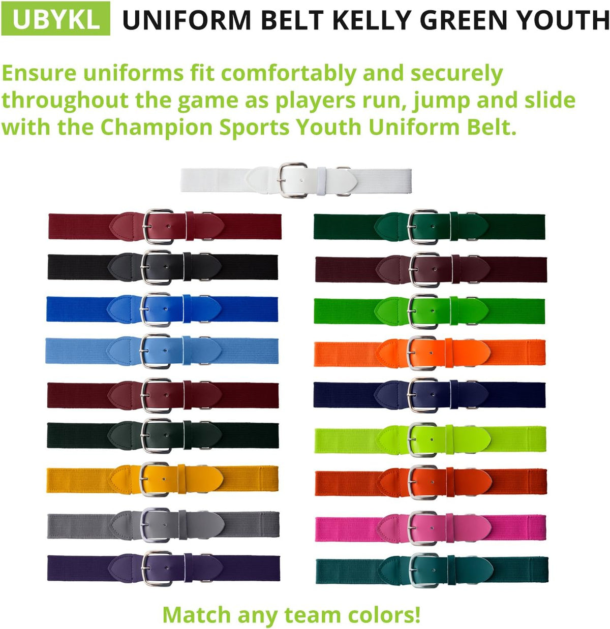 Champion Sports Baseball/Softball Uniform Belt, Comfort Stretch Fit Durable Syntex Tab - Youth &